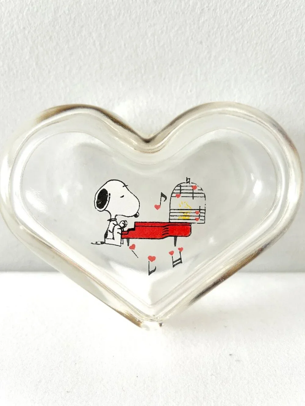Vintage Peanuts Snoopy Heart Shaped Glass Trinket Box With Lid 80s Jewelry Dish
